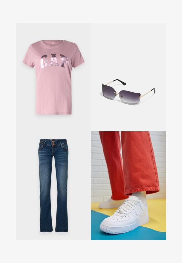 Camiseta de algodón rosa con manga corta, escote redondo y logo metálico de GAP en el pecho. Textura suave, corte casual.; Jeans de corte bootcut en azul oscuro con dos botones frontales, cinco bolsillos y un ligero desgaste en los muslos y las rodillas.; Zapatilla de cuero blanco con caja de dedos perforada, suela texturizada y cordones blancos, combinada con pantalones rojos amplios y un fondo azul y amarillo.; Gafas de sol con lentes de graduación gris, montura metálica dorada y acentos de plástico negro. Lentes con una forma de mariposa única y varillas delgadas.; Aretes de aro de oro con un acabado suave y brillante. Diseño circular que presenta un pequeño post y un respaldo transparente para un uso seguro.