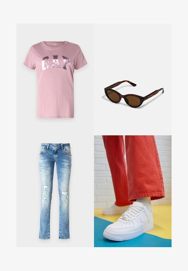 Camiseta de algodão rosa com mangas curtas, decote redondo e logótipo metálico GAP no peito. Textura suave, ajuste casual.; Jeans de denim azul claro com um corte relaxado, apresentando detalhes desgastados, fecho com botões de dois botões e pernas direitas.; Sapatilha de couro branca com biqueira perfurada, sola texturizada e atacadores brancos, combinada com calças largas vermelhas e um fundo azul e amarelo.; Óculos de sol tortoiseshell castanhos com um formato vintage de olho de gato e lentes castanhas. Apresenta braços curvados com acentos vermelhos.