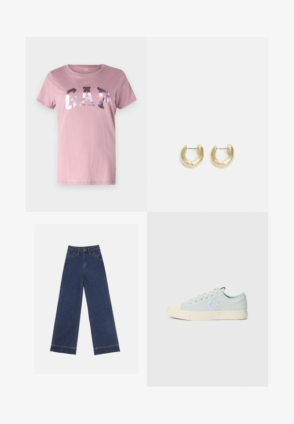 Pink cotton t-shirt with short sleeves, round neckline, and metallic GAP logo across the chest. Soft texture, casual fit.; Wide-leg jeans in dark blue denim. Features five pockets, belt loops, and a raw hem at the bottom with visible stitching details.; Light mint green canvas sneakers with a rubber toe cap, white star logo, and cream-colored rubber sole. Features classic lace-up design.; Gold-tone hoop earrings with a smooth, polished finish. Features a half-circle shape and a secure post closure.
