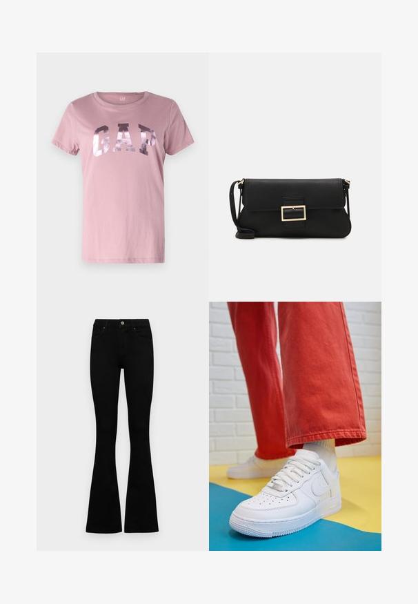 Rosa Baumwoll-T-Shirt mit kurzen Ärmeln, runder Ausschnitt und metallischem GAP-Logo auf der Brust. Weiche Textur, lässige Passform.; Schwarze hochtaillierte Jeans mit einem Knopf- und Reißverschluss, Fronttaschen und ausgestellten Beinen, flach auf einem weißen Hintergrund ausgelegt.; Weiße Leder-Sneaker mit perforiertem Zehenbereich, strukturiertem Sohlen und weißen Schnürsenkeln, kombiniert mit weiten roten Hosen und einem blauen und gelben Hintergrund.; Schwarze Leder-Clutch mit Klappe und goldfarbenem Metallschnallen-Detail. Enthält einen schwarzen Riemen und ein schlankes, minimalistisches Design.; Goldene Creolen mit einer glatten, glänzenden Oberfläche. Zirkuläres Design mit einem kleinen Stecker und einer klaren Rückseite für einen sicheren Sitz.