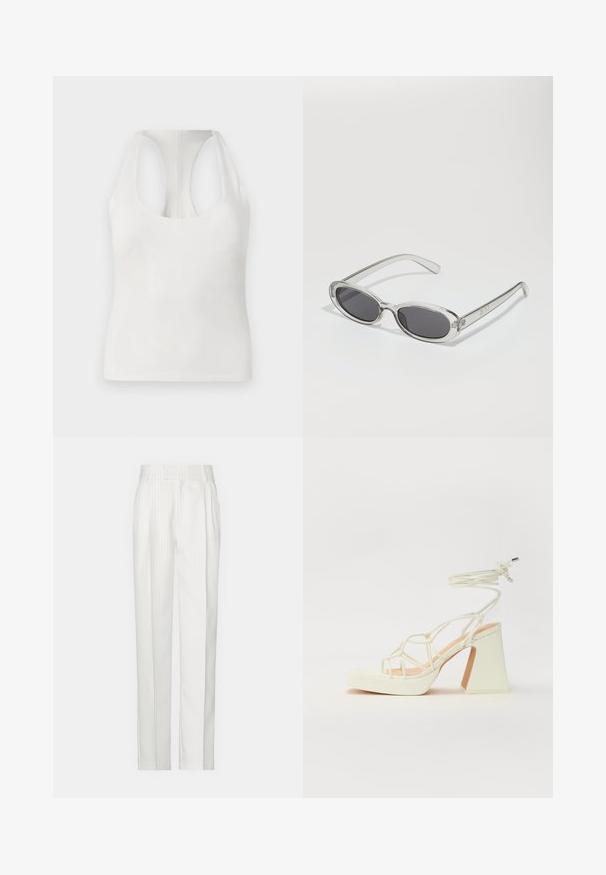 Top branco sem mangas feito de tecido suave, apresentando um decote redondo e um design das costas em estilo racerback, textura lisa e sem padrões visíveis.; Calças brancas com riscas verticais e um design de perna reta, feitas de um tecido leve. Apresentam pregas na frente e uma cintura tradicional.; Sandálias brancas de salto alto com um salto robusto, apresentando um design com tiras e amarração no tornozelo. Textura suave com uma plataforma na frente para altura adicional.; Óculos de sol com formato oval, armação de plástico transparente, lentes cinza-escuro e hastes finas transparentes com detalhes do logótipo e um design minimalista.