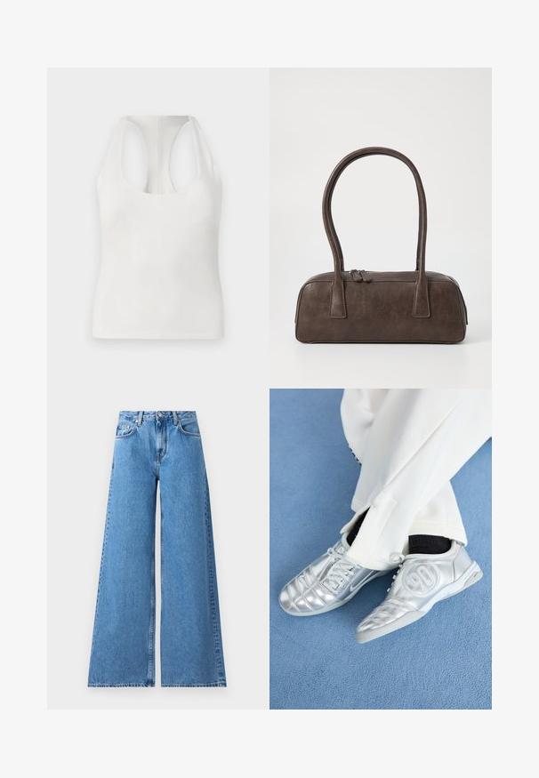 Valkoinen ilman hihoja oleva paita, joka on valmistettu pehmeästä kankaasta. Tässä paidassa on pyöreä kaula-aukko ja raskaampinen muotoilu, sileä pinta ja ei näkyviä kuvioita.; Laaja lahkeinen sininen farkut korkealla vyötäröllä, jotka sisältävät klassisen viisi-taskun muotoilun ja saumat sivuilla lisäyksinä.; Hopeiset urheilukengät sileällä, kiiltävällä pinnalla, joissa on ommeltu kuvio ja numero 90 sivussa, yhdistettynä valkoisiin housuihin.; Ruskea nahkalaukku, jossa on kaksi tukevasti kantavaa kahvaa, suorakaiteen muotoinen, sileä pinta ja vetoketjukiinnitys. Minimalistinen muotoilu ilman näkyviä kuvioita.