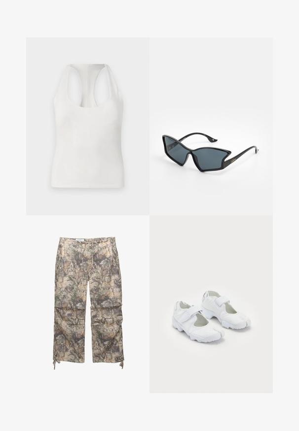 White sleeveless top made of soft fabric, featuring a rounded neckline and racerback design, smooth texture, and no visible patterns.; Camo-patterned pants with a lightweight fabric, elastic waistband, side pockets, and adjustable drawstrings at the ankles.; White athletic shoes featuring a textured upper, adjustable Velcro strap, rounded toe, and a chunky sole with distinct tread pattern.; Black plastic sunglasses with a geometric cat-eye shape, grey lenses, and gold accents on the arms. Smooth texture throughout the frame.; Woven brown handbag with a rounded silhouette, featuring a top handle and textured surface. Compact design with a flat base for stability.