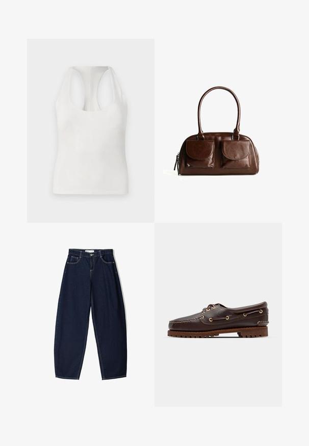 Top alb fără mâneci, dintr-un material moale, cu un guler rotund și un design racerback, textură netedă și fără modele vizibile.; Pantaloni din denim de culoare albastru închis, cu o croială lejera, având cinci buzunare, cusături contrastante și un închidere cu fermoar la față.; Șlapi de punt pe culoare maro din piele, cu ochiuri aurii, șireturi rotunde și o talpă texturată din cauciuc maro. Prezintă detalii cusute și un logo ridicat.; Geantă din piele maro cu două buzunare cu clapetă în față, mânere rotunde și un fermoar pe lateral, pe un fundal alb.