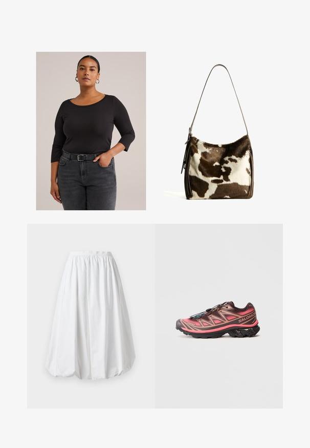 Donna con capelli scuri raccolti, che indossa orecchini a cerchio in argento, una maglietta nera a maniche tre quarti e jeans grigi a vita alta con cintura nera.; Gonna bianca al ginocchio con fascia elastica e forma a palloncino. Realizzata in tessuto leggero con una texture liscia.; Scarpe da trail running con un design sfumato marrone e rosa, caratterizzate da una parte superiore testurizzata, suola nera e un sistema di allacciatura unico.; Borsa a spalla in pelle bovina marrone e crema con tracolla in pelle liscia, chiusura con zip e superficie morbida e testurizzata con un motivo naturale.