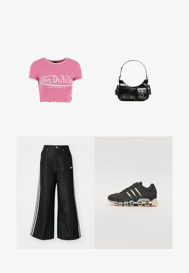 Růžové zkrácené tričko z ribovaného materiálu s bílým krajkovým lemem. Na hrudi je bílé logo "Von Dutch". Krátké rukávy.; Černé široké džíny s třemi bílými pruhy po stranách a malým bílým logem. Obsahují přední kapsy a zapínání na knoflík.; Černá atletická bota s texturovaným svrškem, třemi stříbrnými pruhy a výraznou odpruženou podrážkou se spoustou integrovaných sekcí.; Černá lakovaná kožená kabelka s křivkovým tvarem, jedním ramenním popruhem, předními kapsami a stříbrnými kovovými detaily.