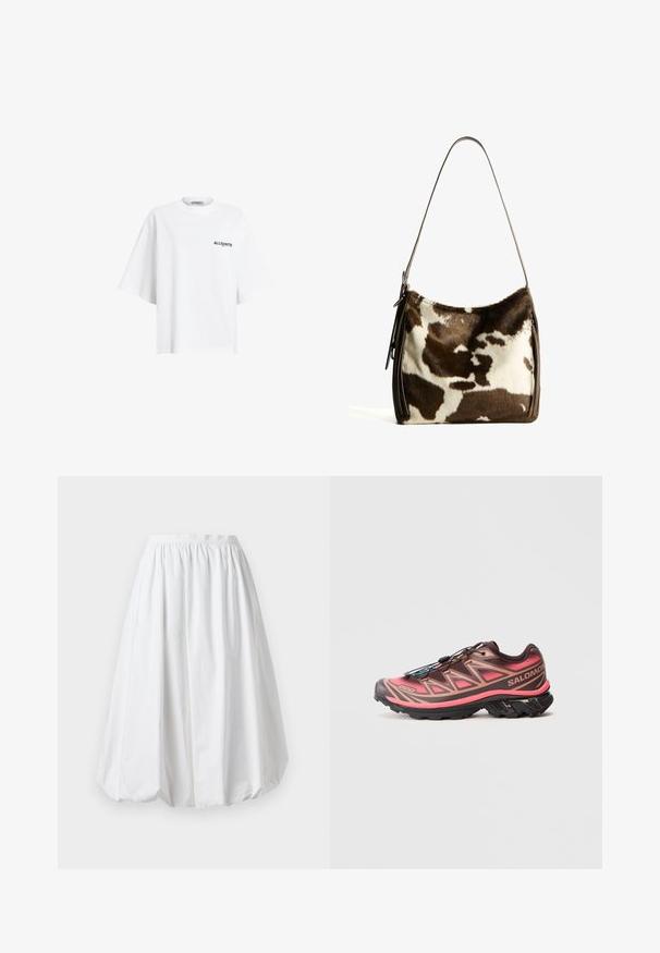 Witte oversized t-shirt van katoen met korte mouwen en een ronde halslijn, voorzien van een klein zwart tekstlogo op de linkerborst.; Witte, knie-lange rok met een elastische tailleband en een ballonvorm. Gemaakt van lichte stof met een gladde textuur.; Trailruningschoen met een gradiëntontwerp in bruin en roze, voorzien van een gestructureerde bovenkant, een zwarte buitenzool en een uniek vetersysteem.; Bruine en crèmekleurige koeienhuid schoudertas met een gladde leren band, ritssluiting en een zachte, tekstuursurface met een natuurlijk patroon.