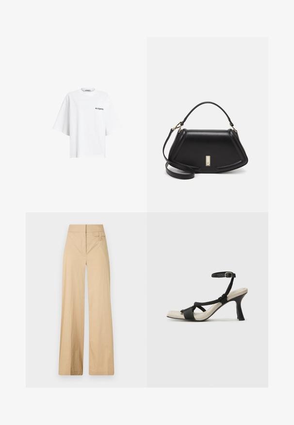 Valkoinen ylisuuri t-paita, joka on valmistettu puuvillasta, lyhyillä hihoilla ja pyöreällä kaula-aukolla. Tässä paidassa on pieni musta tekstilogo vasemmassa rinnassa.; Hiekanväriset leveälahkeiset housut, jotka on valmistettu puuvillasekoituksesta. Niissä on sileä pinta, joustava vyötärö ja sivunappidetail.; Mustat korkokengät, joissa on punottuolkaiminen design, neliömäinen kärki ja säädettävä nilkkahihna. Vaaleanbeige jalkapohja ja kiiltävä musta korko.; Mustalla nahkalaukulla, jossa on jämäkkä muotoilu, lyhyt malli, yläkahva ja kultaiset yksityiskohdat. Säädettävä olkahihna sisältyy.
