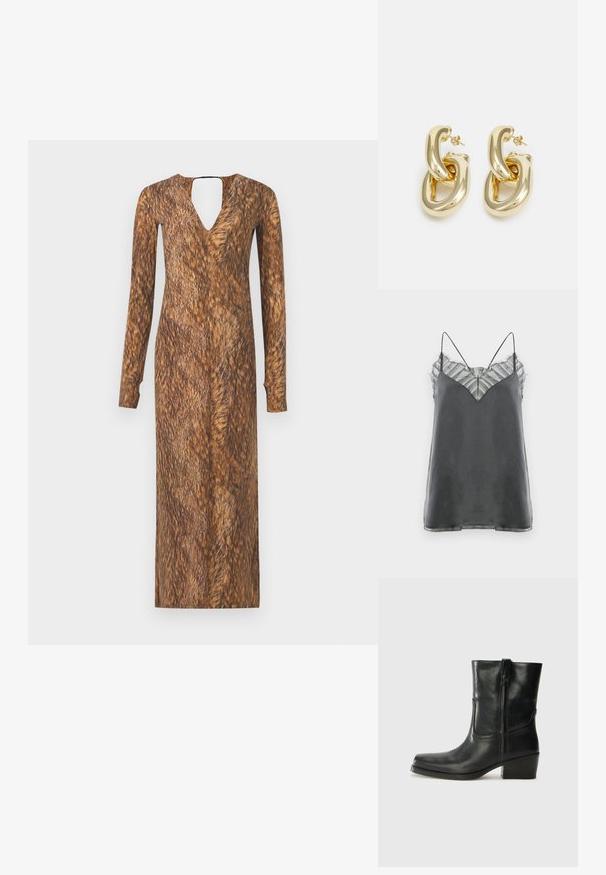 Satiiniharmaa toppi ohuilla spagettiolkaimilla ja läpikuultavalla, raidallisella pitsikuvioinnilla kaula-aukossa, jossa on V-muotoinen muotoilu.; Pitkähihaisen mekon, jossa on V-mallinen pääntie ja avonainen selkä, päällä on karvamaista ruskeaa tekstuuria ja kuviota kauttaaltaan kankaassa.; Musta nahkasaapas nilkkamittaisella varrella, pyöreällä kärjellä, lohkarekorolla, sivuvetoketjulla ja ompeluaksentilla varren yläosassa. Suora pinta, klassinen muotoilu.; Ruskea krokotiilinkuosilla varustettu nahkalaukku, jossa on sylinterimäinen muoto, kultasävyiset yksityiskohdat ja irrotettava hihna, jossa on niittejä.; Rabanne XL LINK  DOUBLE HOOP EARRINGS - Korvakorut - gold-coloured
