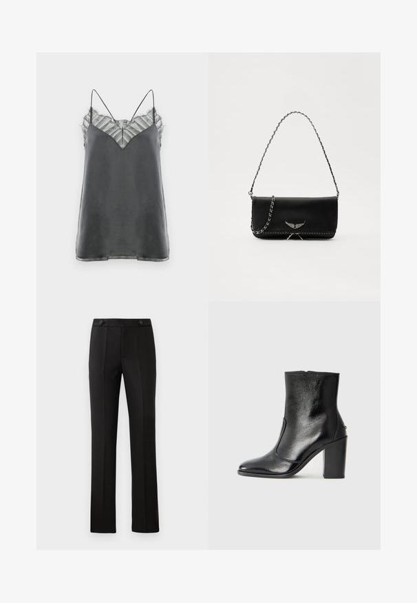 Satin gray camisole with thin spaghetti straps and a sheer, striped lace overlay at the neckline, featuring a V-shaped design.; Black tailored trousers with a straight leg, two front pockets, a button closure, and pleat detailing on the front. Smooth fabric texture.; Black leather ankle boot with a smooth texture, pointed toe, and a chunky high heel. Features a side opening and minimalistic design.; Black leather handbag with a silver chain strap, featuring decorative wing accents and white stitching along the bottom seam.