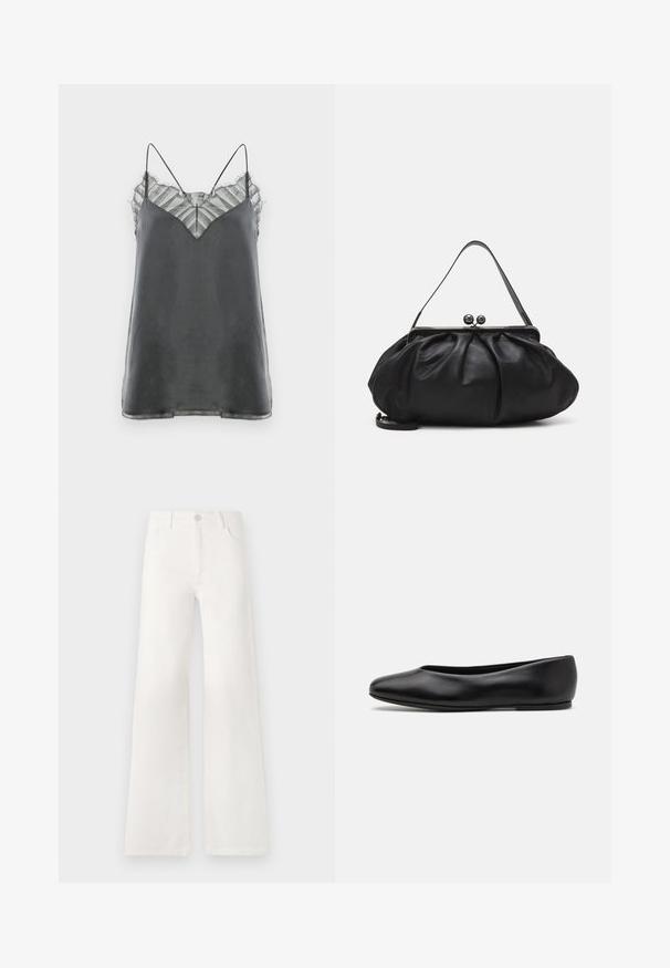 Satin siva top s tankastim tankim s tankastim, s prozirnim, prugastim čipkastim prekrivačem na dekolteu, s V-oblikom.; Bijele, visokotalasne široke traperice. Imaju kopčanje na dugme, dva prednja džepa i bočne šavove s detaljima šivanja.; Paul Smith TOPANGA - Balerinke - black; Crna kožna torba s zaobljenim, naboranim dizajnom. Ima metalnu kopču s dva ukrasna gumba i tanki, odvojivi remen.