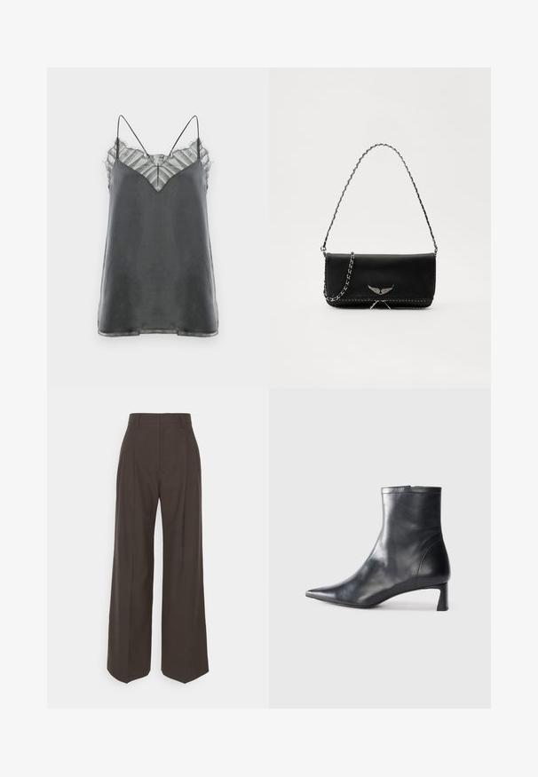 Saténová šedá top s tenkými ramienkami a priesvitnou, pruhovanou krajkovou vrstvou na dekolte, s tvarom do písmena V.; Tmavohnedé široké nohavice s vysokým pásom, ktoré majú úhľadne prežehlené záhyby, hladkú textúru a strih na mieru.; Čierne kožené členkové topánky s špicatou špičkou a elegantným dizajnom. Majú nízky podpätok a zips na zadnej strane. Hladká textúra.; Čierna kožená kabelka so strieborným reťazovým popruhom, so zdobnými krídelnými akcentmi a bielym prešívaním pozdĺž dolného švu.