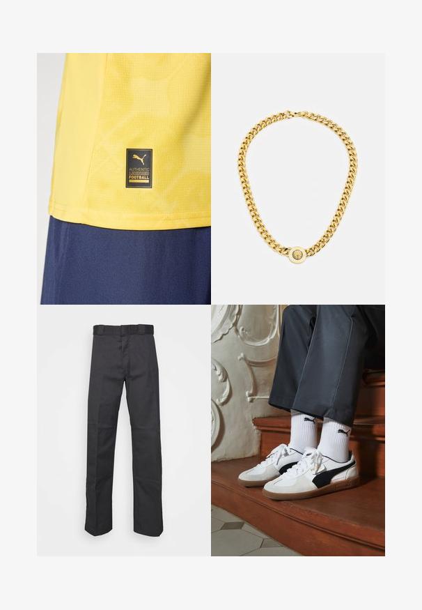 Maglia sportiva gialla con un'etichetta nera e oro "Authentic Licensed Football" della Puma vicino all'orlo, indossata sopra pantaloni corti blu scuro.; Pantaloni neri realizzati in tessuto resistente, con un design a gamba dritta, una cintura con passanti per la cintura e cuciture per una maggiore texture.; Sneakers Puma in suede bianco e nero, con suola in gomma marrone. Abbinati a calzini bianchi con logo nero, indossati con pantaloni scuri.; Collana in oro con grandi anelli intrecciati, caratterizzata da un dettaglio pendente circolare al centro con un emblema in rilievo.