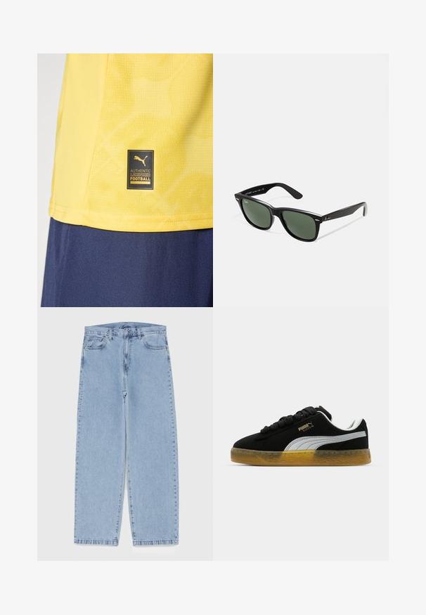 Žltý športový dres s čierno-zlatou nálepkou Puma "Authentic Licensed Football" blízko lemu, nosený cez tmavomodré šortky.; Svetlomodré denimové džínsy s rovnými nohavicami, s polovysokým pásom, piatimi vreckami a zapínaním na gombík a zips.; Čierne semišové tenisky s bielym bočným pruhom a zlatým logom. Majú gumenú podrážku s textúrovaným vzorom. Šnúrky sú čierne a ploché.; Čierne plastové slnečné okuliare so zelenými šošovkami, štvorcové rámy, strieborný akcent na obočí a textúrované ramenné opierky. Brand uvedený na vnútornej strane ramien.