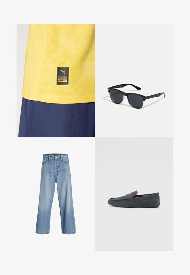 Yellow sports jersey with a black and gold Puma "Authentic Licensed Football" label near the hem worn over dark blue shorts.; Light blue wide-leg jeans made of denim, featuring a high waist, classic five-pocket design, and button closure with a zip fly.; Gray perforated loafers with a slip-on design, featuring an orange accent, rounded toe, and textured rubber outsole.; Black sunglasses with a rectangular shape, dark lenses, silver accents at the temples, and a matte finish on the frame.