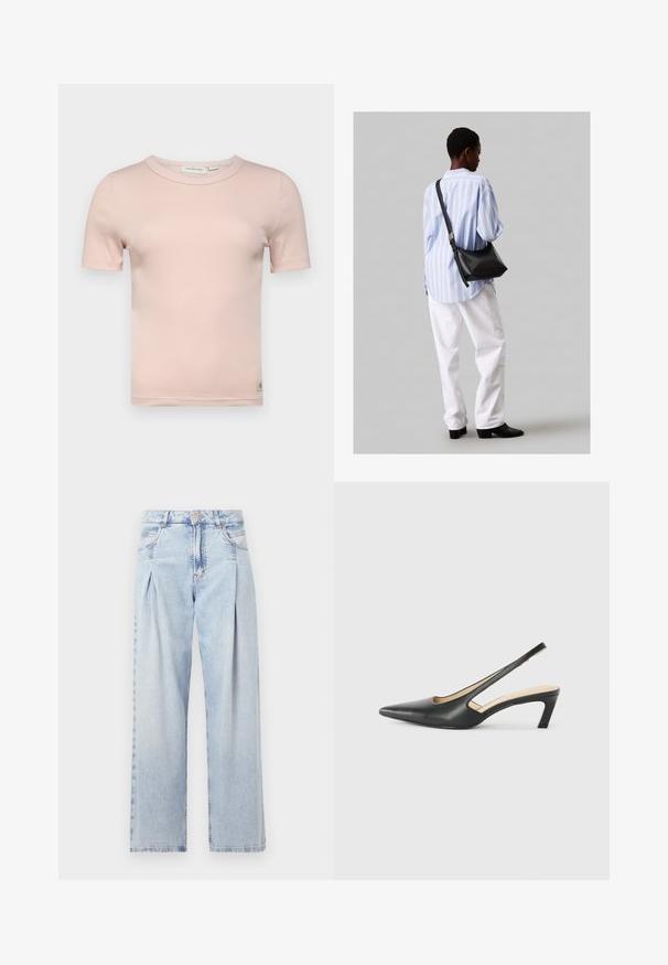 Calvin Klein Jeans LABEL FITTED TEE - Basic póló - peach whip; Világoskék farmernadrág magas derekú, bő szabású, két oldalsó zsebbel és pliszírozott dizájnnal. Puha tapintású, elhalványított felület.; Fekete, hegyes orrú, slingback cipő alacsony sarkával, sima bőrből készült, oldalt kivágott deisgnal a légáteresztőképesség érdekében.; Fekete bőr válltáska puha tapintással, háromszög alakú, állítható pánttal, világoskék csíkos inggel és fehér nadrággal párosítva.