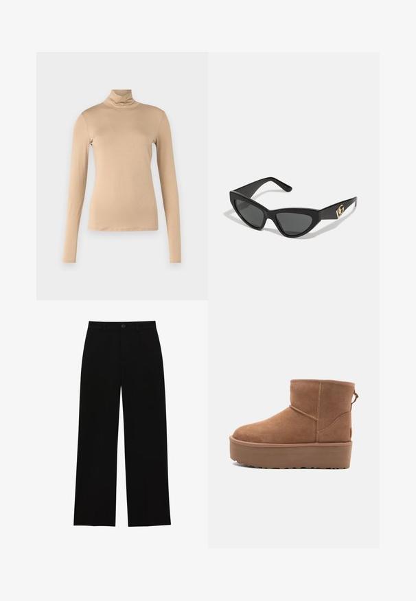 WEEKEND MaxMara MULTIF - Top s dlouhým rukávem - cammello; Černé, vysoké kalhoty s širokým střihem vyrobené z hladkého materiálu, s plochým předním dílem, zapínáním na knoflík a bez viditelných kapes.; Hnědé semišové kotníkové boty s platformou, zaoblenou špičkou a prošíváním; mají poutko vzadu pro snadné obouvání.; Sunglasses ve tvaru kočičích očí s matným černým plastovým rámem, tmavými skly a zlatým logem na stranu. Úhlový design a hladká textura.