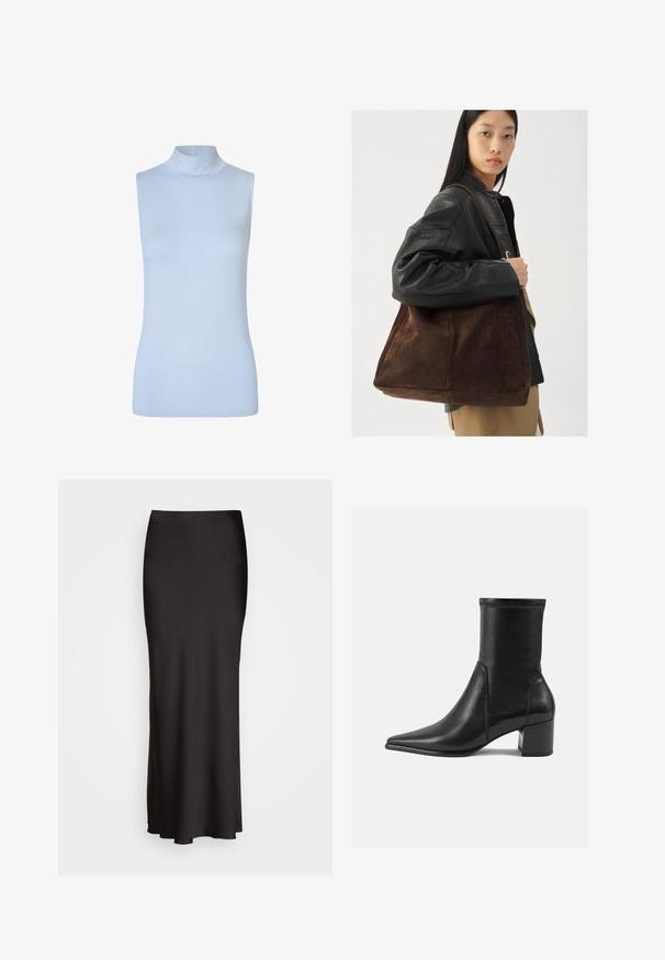 Modström THEO TOP - Topp - blue; Mustast, põrandani ulatuvast satiinirest, millel on sile tekstuur, sobituv vöökoht ja A-tähe siluett, ilma nähtavate kaunistuste või mustriteta.; Mustad muste sandaalid, mis on valmistatud siledast nahast, terava ninaga, plokknööriga ja eristuva tõstetud õmblusega ülemisel serval.; Pruun suede totes kott laia kujuga ja pehme tekstuuriga, millel on üks rihm ja minimaalne riistvara neutraalses taustas.