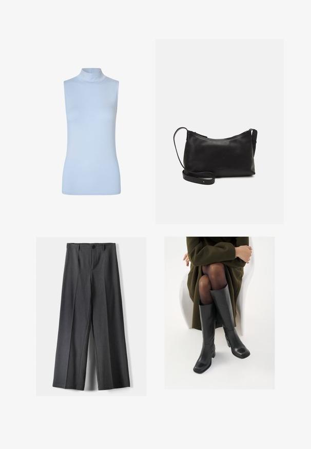 Modström THEO TOP - Top - blue; Wide-leg trousers in dark grey fabric, featuring a button closure, front pleats, and belt loops. Smooth texture with a tailored design.; Knee-high black leather boots with a squared toe and block heel, shown with a model seated in an olive green coat. Smooth texture, minimal detailing.; Black leather shoulder bag with a smooth texture, curved shape, adjustable strap, and a zip closure. Minimalist design without embellishments.