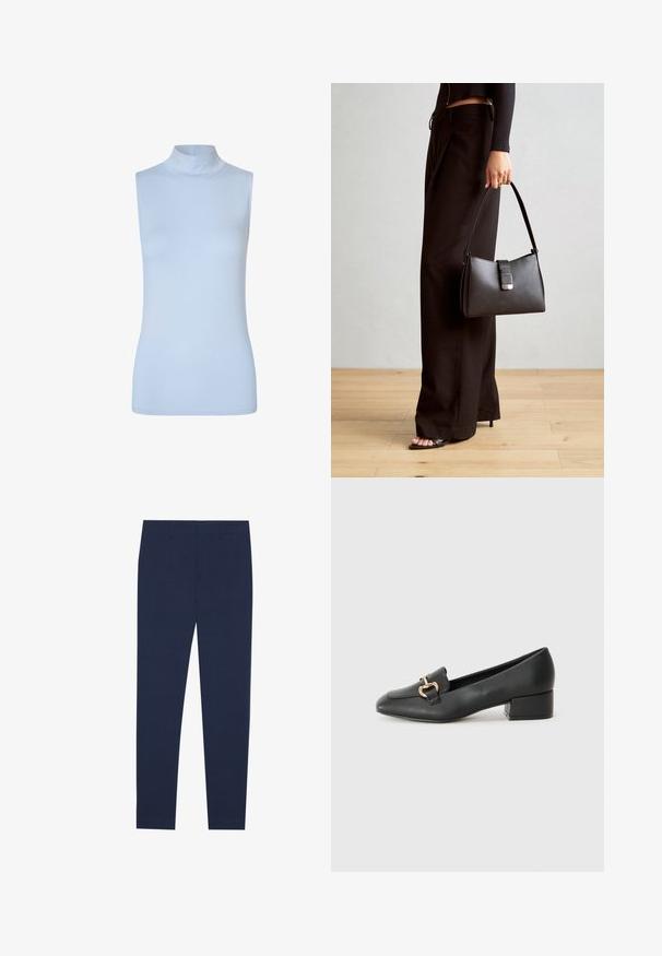 Modström THEO TOP - Top - blue; Námořnické modré kalhoty vyrobené z hladkého materiálu, s rovnými nohavicemi a plochým předním dílem. Žádné viditelné vzory ani akcenty.; Černé kožené loferské boty s plochým podpatkem, zdobené zlatým kovovým detailem na přední straně a hladkým povrchem.; Černá kabelka se strukturovaným tvarem, hladkým povrchem a kovovým uzávěrem. Kombinována s širokými černými kalhotami a sandály s otevřenou špičkou na dřevěné podlaze.