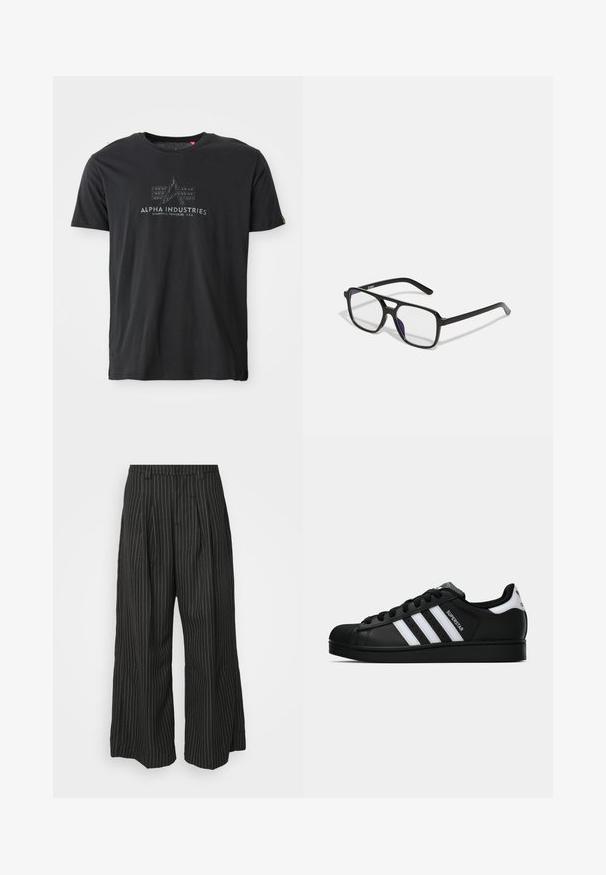 Camiseta negra de algodón con cuello redondo que presenta un estampado de logo texturizado con las palabras "ALPHA INDUSTRIES" y un diseño triangular en el centro.; Pantalones de pierna ancha a rayas negras con pliegues, que presentan un diseño ajustado y una textura suave. Sin herrajes ni acentos visibles.; Zapatilla negra Adidas Superstar con rayas blancas, punta de concha y texto "Superstar" en el lateral, mostrada en perfil lateral sobre un fondo blanco.; Gafas rectangulares negras con lentes transparentes y un sutil tono púrpura, con brazos elegantes y un diseño minimalista.