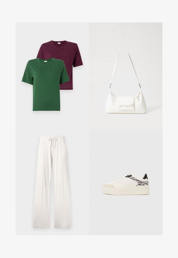 To t-skjorter med korte ermer: en grønn og en burgunder, laget av glatt bomull, med rund hals og enkle design.; Lyse beige joggebukser laget av mykt stoff, med snor i livet, vide ben og vertikale sømmer, med en jevn tekstur.; Even&Odd Joggesko - white/black; Hvit syntetisk håndveske med trekantet form, flat klaff foran og sløyfe detaljer, justerbar stropp, glatt tekstur og minimalistisk design.