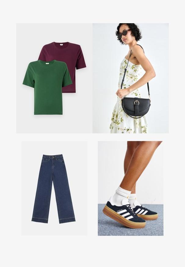 To t-skjorter med korte ermer: en grønn og en burgunder, laget av glatt bomull, med rund hals og enkle design.; Videbenede dressbukser i mørkeblå denim. Har fem lommer, beltestropper og en rå kant i bunden med synlige stikninger.; Svarte sneakers i semsket skinn med hvite striper og detaljer, rund tå, yttersåle i gummigummi, kombinert med hvite ribbestrikkede crew-sokker.; Svart lærveske med en buet form, avtagbar stropp og gullbeslag. Vesken har et klaff med spenne-detall.