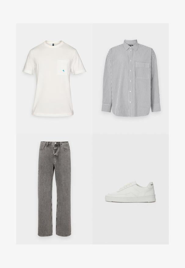 Hvit bomulls T-skjorte med korte ermer, rund hals og en lomme på venstre bryst med en liten blå triangel-logo.; Stripete skjorte med knapper i svart og hvitt, med lange ermer, klassisk krage og en brystlomme med horisontale striper.; Grå denimjeans med rette ben, fem lommer og knappelukking i midjen. Subtilt slitte detaljer gjennom hele.; Hvite lærersneakers med en jevn overflate, rund tå, flate lisser og en teksturert såle. Har en subtil logo på hælen.