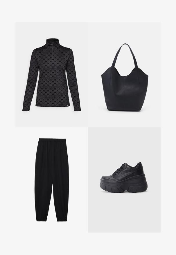 Bogner Fire + Ice MARGO2 czarny; Czarne, lekkie spodnie z elastycznym pasem i ściągaczami na kostkach. Materiał jest gładki i ma luźny, zwężany krój.; Czarne sznurowane trampki z masywną podeszwą, z gładkim skórzanym wierzchem, zaokrąglonym noskiem i wyraźnym, warstwowym designem platformy.; Czarna torba na ramię wykonana z gładkiej skóry, z zaokrąglonym, otwartym topem i dwoma paskami na ramię oraz minimalistycznym designem.