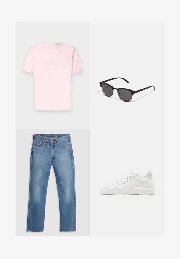 Jack & Jones JORVESTERBRO CREW NECK - T-Shirt print - fairy tale; Blaue gerade geschnittene Denim-Jeans mit vorne liegendem Knopf- und Reißverschluss, Gürtelschlaufen und Fünf-Taschen-Design auf weißem Hintergrund.; Weiße Leder-Sneaker mit glatter Oberfläche, rundem Zehenbereich, flachen Schnürsenkeln und strukturiertem Schuhsohlen. Graues Wildleder-Detail an der Ferse.; Schwarze Sonnenbrille mit runden Gläsern, matter Oberfläche und markanter Cat-Eye-Form. Schlanke Bügel mit dezenter Markenkennzeichnung am linken Schläfenstück.