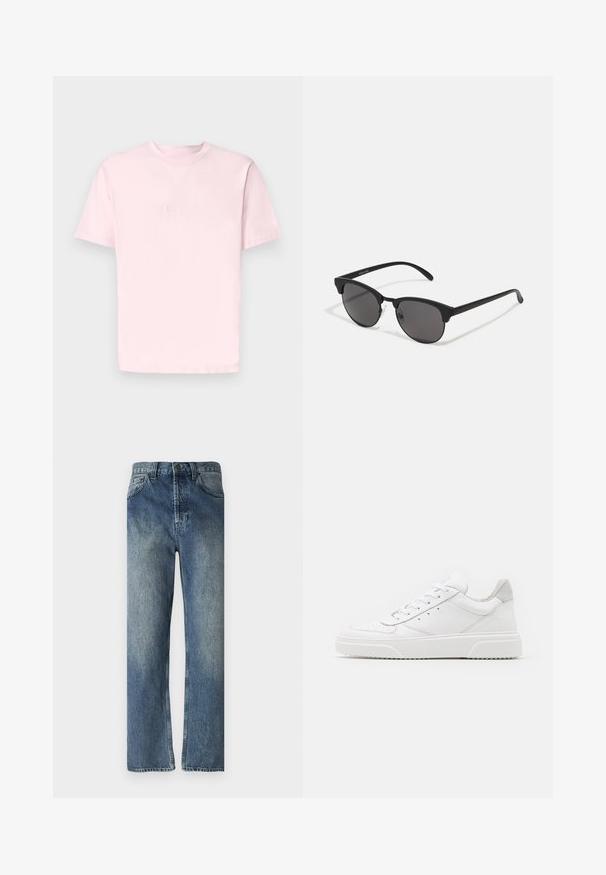 Jack & Jones JORVESTERBRO CREW NECK - Nyomott mintás póló - fairy tale; Kék farmernadrág egyenesen szabott lábbal, elhasználódott mosással, övhurkokkal, elülső zsebekkel és egy hátsó zsebbel.; Fehér bőr sportcipő sima felülettel, kerek orral, lapos fűzőkkel és textúrált talppal. Szürke velúr díszítés a saroknál.; Fekete napszemüveg kerek lencsékkel, matt felülettel és jellegzetes macska szem formával. Vékony szárak, a bal oldali templomon diszkrét márkajelzéssel.
