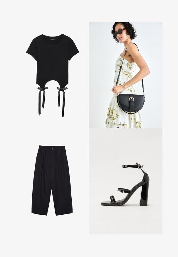 Svart kortärmad t-shirt gjord av mjuk bomull med rund halsringning, korta ärmar och en unik utskärning som accentueras av satängband.; Svarta polyester culottbyxor med elastisk midja, två framfickor och en lös silhuett. Inga synliga mönster eller hårdvarudetaljer.; Svarta lackerade högklackade sandaler med två spännband, fyrkantig tå och en tjock klack, med en slät och glansig yta.; Svart läderhandväska med en böjd form, avtagbar rem och guldiga detaljer. Väskan har ett lock med en spänndetalj.