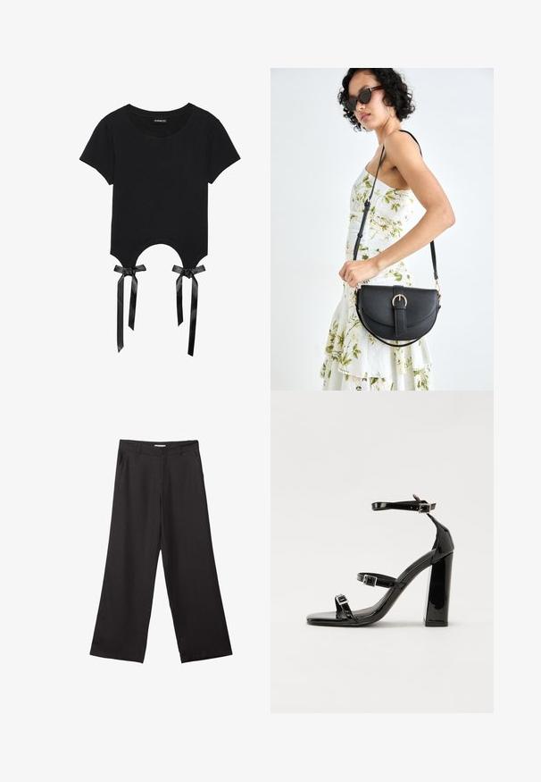 Svart kortärmad t-shirt gjord av mjuk bomull med rund halsringning, korta ärmar och en unik utskärning som accentueras av satängband.; Svarta vida byxor i slät väv, med dragkedja fram och två sidofickor, med skräddarsydd passform och minimalistisk design.; Svarta lackerade högklackade sandaler med två spännband, fyrkantig tå och en tjock klack, med en slät och glansig yta.; Svart läderhandväska med en böjd form, avtagbar rem och guldiga detaljer. Väskan har ett lock med en spänndetalj.