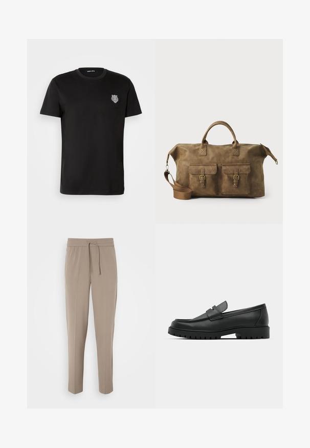 T-shirt preta de manga curta com um pequeno logótipo de cabeça de tigre branco bordado no lado esquerdo do peito e decote redondo.; Calças bege claras com cintura elástica, cordão ajustável e pernas ajustadas. O tecido parece suave com um leve brilho.; Sapatilhas de couro preto com bico arredondado, apresentando um design cosido, sola de plataforma baixa e um solado de borracha texturizado e com cravos.; Mala de viagem em couro castanho com dois bolsos frontais, alça de ombro ajustável, acessórios dourados e alças superiores robustas. Textura suave.