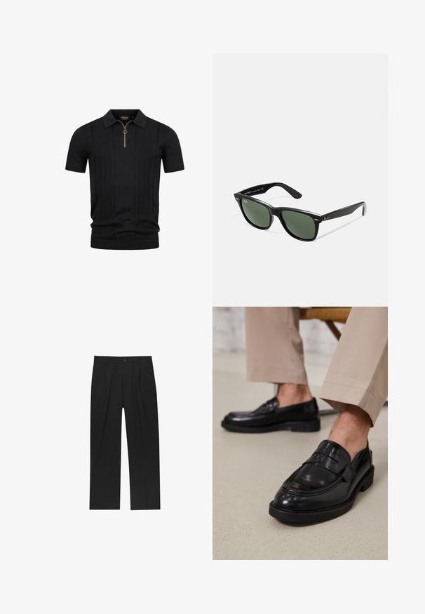 Schwarzes kurzärmliges Strickpolo mit strukturierten vertikalen Streifen und einem halben Reißverschluss mit einem runden Zugdings am Kragen.; Schwarze Hose mit geradem Schnitt, aus einem glatten Stoff gefertigt. Verfügt über Vorderfalten und einen einzelnen Knopfverschluss an der Taille.; Schwarze Lederloafers mit glatter Oberfläche, ausgestattet mit einem dekorativen Riemen und Kontrastnähten, kombiniert mit beigen Hosen.; Schwarze Plastiksonnenbrille mit grünen Gläsern, quadratischen Rahmen, silbernem Akzent auf der Augenbraue und strukturierten Bügeln. Angegebene Marke auf dem inneren Bügel.