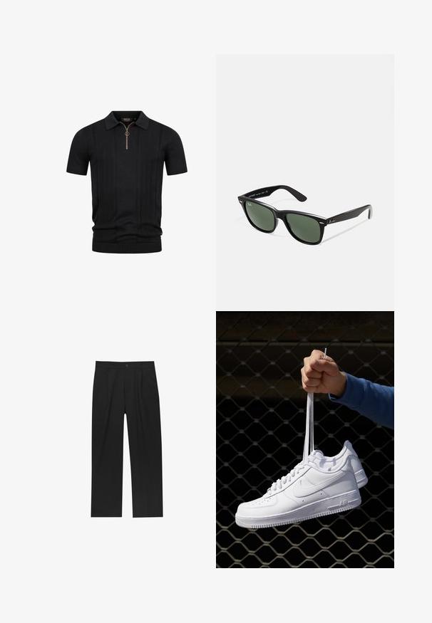 Schwarzes kurzärmliges Strickpolo mit strukturierten vertikalen Streifen und einem halben Reißverschluss mit einem runden Zugdings am Kragen.; Schwarze Hose mit geradem Schnitt, aus einem glatten Stoff gefertigt. Verfügt über Vorderfalten und einen einzelnen Knopfverschluss an der Taille.; Weiße Leder-Sneaker mit Perforationen, runder Zehenpartie, flacher Sohle und dicken Schnürsenkeln, mit sichtbar eingesticktem Swoosh-Logo und "AIR" an der Ferse.; Schwarze Plastiksonnenbrille mit grünen Gläsern, quadratischen Rahmen, silbernem Akzent auf der Augenbraue und strukturierten Bügeln. Angegebene Marke auf dem inneren Bügel.
