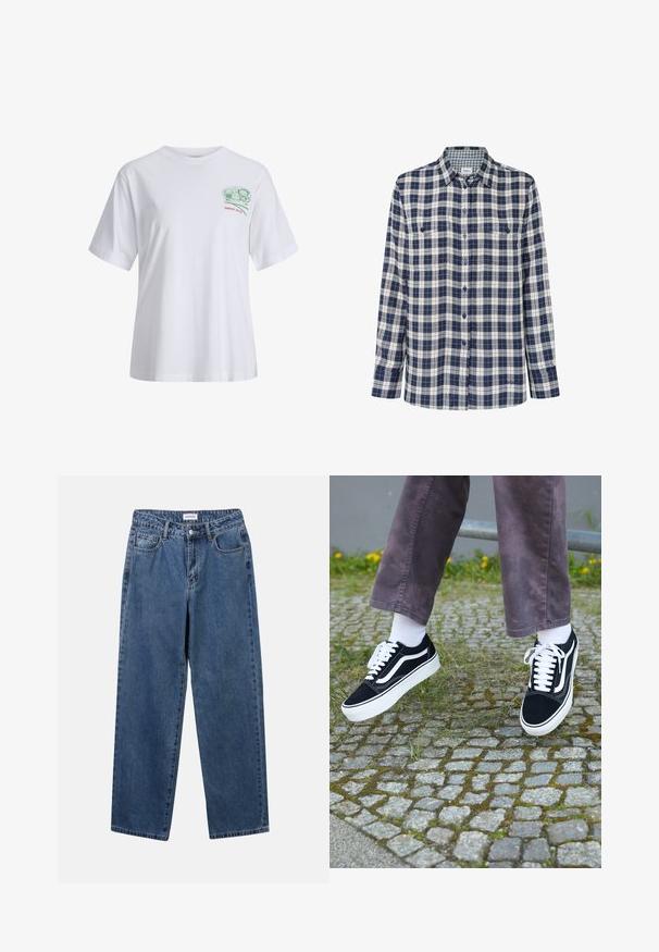 Bílá bavlněná trička s krátkým rukávem, volný střih, s zelenou grafikou na hrudi a červeným textem "OD ROKU 2020" níže.; Kostkovaná flanelová košile v námořnické modři, bílé a červené. Dlouhé rukávy, zapínání na knoflíky, dvě náprsní kapsy a decentní logo na lemu.; Klasické modré džíny z denimu se střihy rovné nohy, pěti kapsami a zapínáním na knoflík. Mají střední odstín a odolnou texturu.; Černé semišové tenisky s bílými akcenty, s zaoblenou špičkou, silnou bílou podrážkou a klasickým šněrovacím designem, nošeny s bílými ponožkami a fialovými kalhotami.