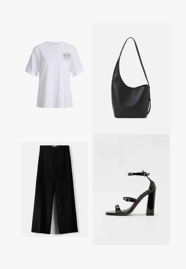 White cotton t-shirt with short sleeves, relaxed fit, features a green graphic on the chest and red text "SINCE 2020" below.; Black wide-leg trousers made of lightweight fabric, featuring a front button closure and flat front, with neatly stitched hems.; Black patent high-heeled sandals with two buckle straps, square toe, and a chunky block heel, featuring a smooth, glossy texture.; Black leather hobo bag with a smooth texture, curved shape, and single adjustable strap; features a wide opening at the top.