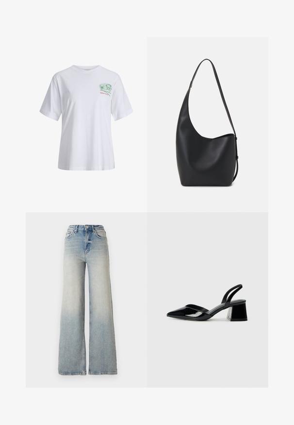 Valge puuvillane t-särk lühikeste varrukatega, lõdva lõikega, millel on rohelise graafika rinnal ja punane kiri "SINCE 2020" all.; Heledad sinine laia säärega teksapüksid, mis on valmistatud denimist, kõrge vöökoht, viis taskut ja nähtav õmblemine õmbluste ääres.; Mustad musta lakknahk kingad, millel on terav varvas ja geomeetriline plokkkonts. Omab elegantselt minimalistlikku disaini ja sujuvat tekstuuri.; Mustast nahast hobo kott, millel on sile tekstuur, kumer kuju ja üks reguleeritav rihm; peal on lai avaus.