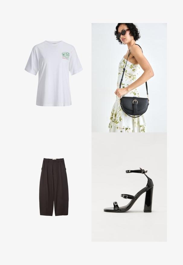 Bela bombažna majica s kratkimi rokavi, ohlapnega kroja, z zeleno grafiko na prsih in rdečim besedilom "OD 2020" spodaj.; Črne široke hlače iz gladkega materiala, z visokim pasom, zgornjimi pregibi in stranskimi žepi. Preprost dizajn brez okrasnih elementov.; Črne lakaste sandale z visokimi petami, z dvema trakovoma z zaponkama, kvadratnim sprednjim delom in masivno širšo peto, z gladko, sijočo teksturo.; Črna usnjena torbica s ukrivljeno obliko, z odstranljivo naramnico in zlatimi dodatki. Torbica ima pokrov s podrobnostmi v obliki zaponke.