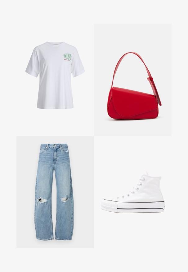 Hvit bomulls t-skjorte med korte ermer, avslappet passform, med et grønt grafikkmotiv på brystet og rød tekst "SINCE 2020" under.; Lyseblå høytlivsjeans laget av denim. Har vide bein, to revne knær og klassisk fem-lommers design.; Hvit høy-skinn kanvas sneakers med svart gummisåle, gummitåhette foran og seks hull for snorer, med et rent, minimalistisk design.; Rød lærveske med en vinklet, geometrisk design. Har en enkelt justerbar stropp og en klaffelukking med sydd detaljer.