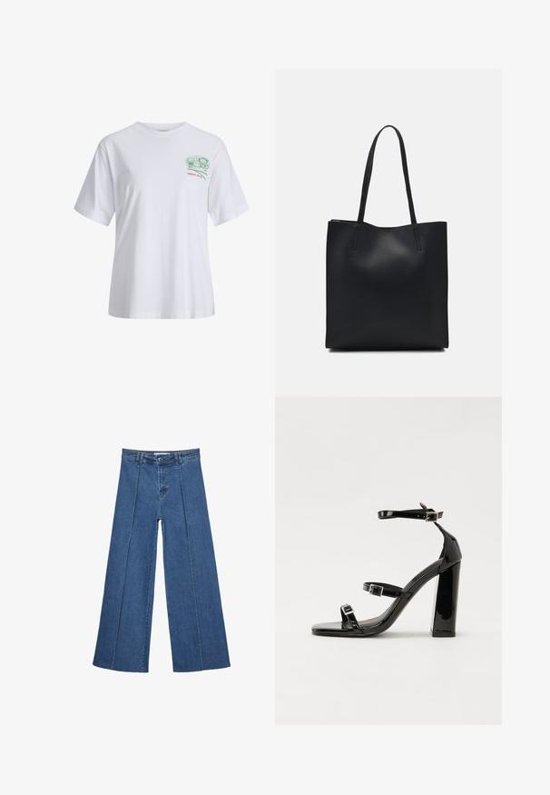 Bela bombažna majica s kratkimi rokavi, ohlapnega kroja, z zeleno grafiko na prsih in rdečim besedilom "OD 2020" spodaj.; Jeans širokih nogavic v srednji modri barvi, z visokim pasom, gumbom in kontrastnimi navpičnimi šivi spredaj.; Črne lakirane sandale s peto, kvadratnim prstom, trakovi okrog gležnja in srebrnimi zaponkami. Opremljene so s stabilno Debelo peto.; Črna usnjena torba s svilnato teksturo, pravokotne oblike in dvema dolgima ročajema. Brez vidnih metalnih delov ali okrasnih elementov.