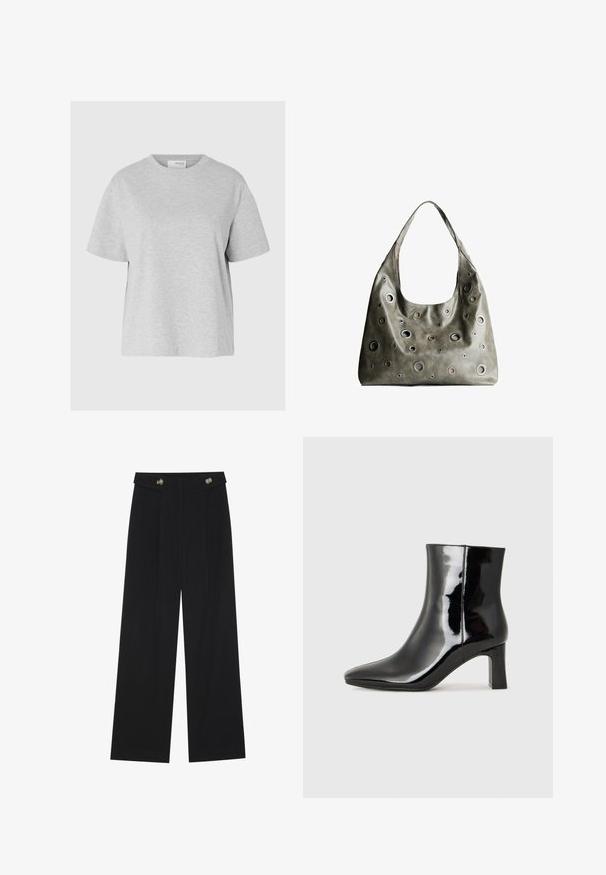 T-shirt corto grigio chiaro realizzato in tessuto morbido, con colletto rotondo, vestibilità rilassata e senza motivi o accessori visibili.; Pantaloni neri a gamba larga con vita alta, dettagli con bottoni in vita e pieghe frontali.; Stivaletto in pelle verniciata nera con punta a punta e tacco a blocco di altezza media. Texture liscia e design minimalista.; Borsa a tracolla in pelle verde oliva con un design morbido, caratterizzata da tagli circolari di diverse dimensioni e dettagli in tonalità più scure e più chiare.