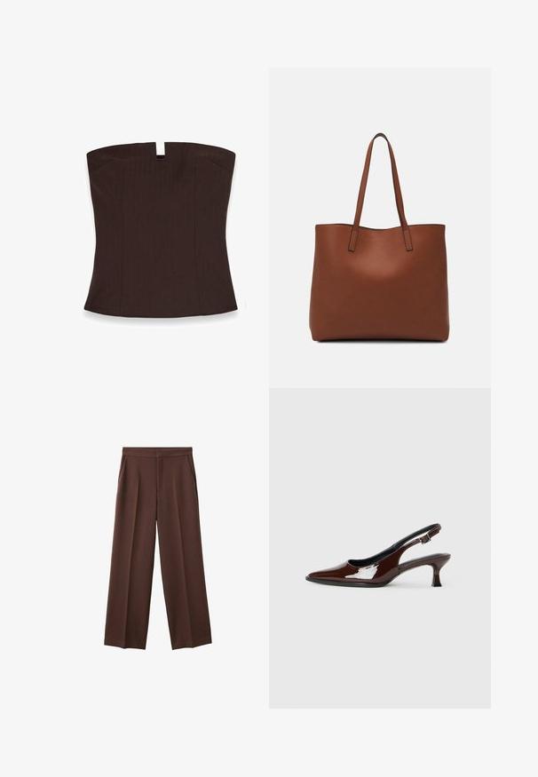 Top marrón sin tirantes con un escote recto, que presenta un detalle de ojal en la parte frontal, hecho de una tela suave con un ajuste entallado.; Pantalones de pierna ancha marrones con una textura suave, que cuentan con dos bolsillos laterales y un frente con pliegues para un ajuste relajado.; Zapato slingback de charol marrón con punta afilada y tacón moderado. Cuenta con una correa con hebilla para un ajuste seguro. Textura suave.; Bolso tote de cuero marrón con una textura suave, diseño de apertura superior y dos correas para el hombro. Presenta una costura mínima y sin herrajes visibles.