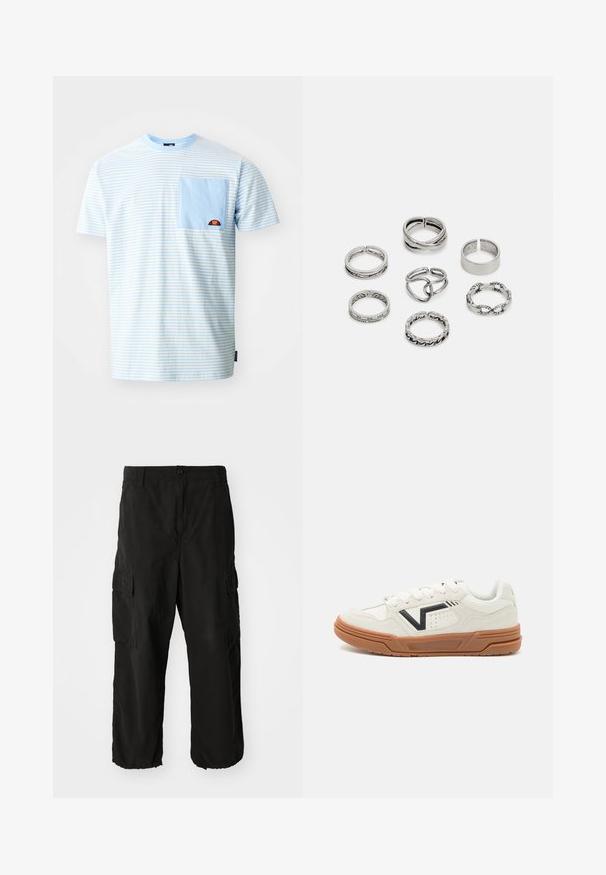 Ellesse HIRST TEE - Μπλουζάκι με στάμπα - light blue; Μαύρο cargo παντελόνι από μαλακό ύφασμα, με άνετη εφαρμογή, πλαϊνές τσέπες και κλείσιμο με κουμπί. Το κάτω άκρο είναι ριχτό.; Λευκά αθλητικά sneakers με υφή σουέντ, διαθέτοντας μαύρη λεπτομέρεια λογότυπου, λαστιχένια σόλα σε καφέ απόχρωση και επίπεδες κορδόνες. Καθαρός, μοντέρνος σχεδιασμός.; Σέτ από επτά ασημένιες δαχτυλιές με διάφορα σχέδια, συμπεριλαμβανομένων στριφτών, συνδεδεμένων και χαρακτών μοτίβων. Διαφορετικά σχήματα και πλάτη.