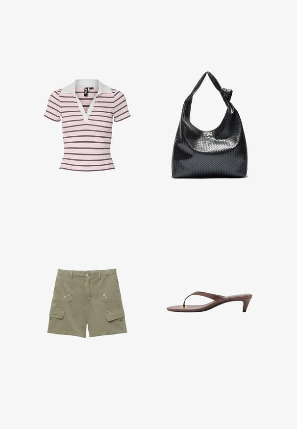 Prugasta polo majica u ružičastoj i bijeloj boji s tamnosmešnim prugama. Ima bijeli ovratnik i kratke rukave. Izrađena je od rebraste tkanine.; Cargo šortsevi u maslinasto zelenoj pamuku s dvije prednje džepove, jednim bočnim džepom i metalnim kopčanjem. Glatka tekstura i kroj prilagođen tijelu.; Smeđe natikače na petu s tankim remenom i zaobljenim vrhom, sa malim zlatnim akcentom na ulošku.; Crna torba od pletene kože sa opuštenim dizajnom, koja ima čvorasti remen i mali dekorativni zlatni čavlić na vrhu.