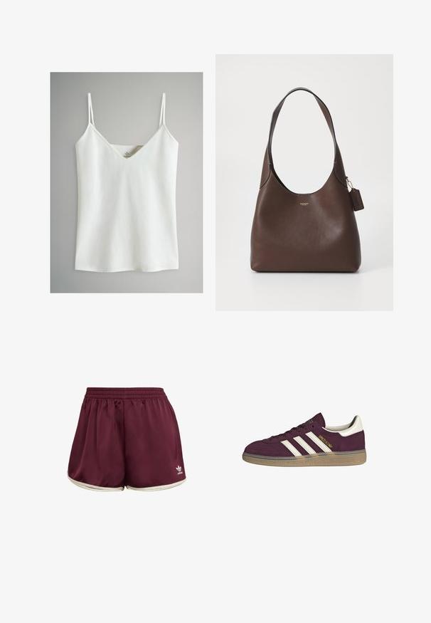 Camisola bianca con spalline sottili, scollatura a V, texture morbida e orlo diritto, caratterizzata da un design minimalista e da dettagli di cucitura discreti.; adidas Originals SPRINTER - Shorts - maroon cream white; Sneaker in camoscio bordeaux con tre strisce bianche e accenti beige. Presenta una suola in gomma testurizzata e un marchio dorato sul lato.; COACH BROOKLYN SHOULDER BAG - Borsa a mano - brown