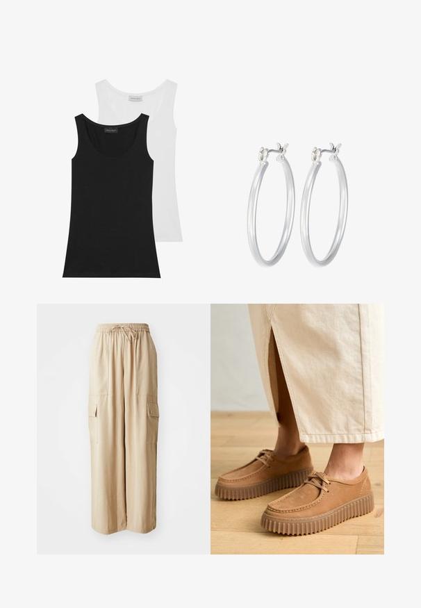 Dve majice brez rokavov v črni in beli barvi. Narejene so iz mehkega bombaža, imajo okroglo ovratnico in brezrokavni dizajn. Oznake so vidne na hrbtni strani.; Beige široke cargo hlače izdelane iz lahkotnega materiala. Imajo elastičen pas, vezalko in stranske žepe s poklopcem.; Tanjasti usnjeni čevlji z teksturirano površino, okroglim prstom in debelimi, žlebljenimi podplati. Šnure in detajli šivanja dodatno poudarjajo obliko.; Srebrni obroči za ušesa z gladko, polirano površino. Okrogla oblika in varna zaponka s klikom. Lahka zasnova, primerna za vsakodnevno nošenje.