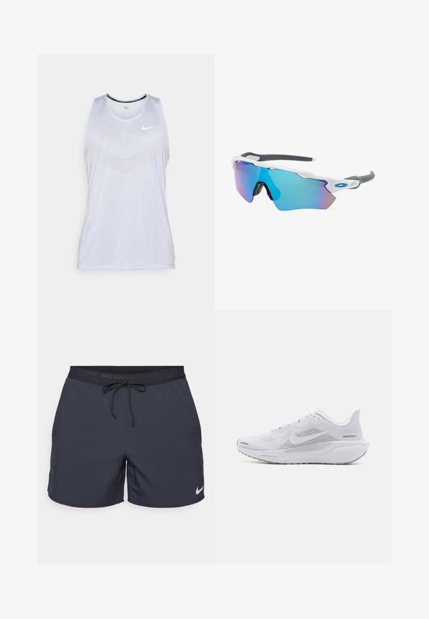 White Nike tank top with a round neck, sleeveless design, and textured pattern on the front, featuring a small logo near the shoulder.; Nike running shorts, dark gray, elastic waist with drawstring, side pockets, lightweight fabric, featuring a white Nike logo on the lower hem.; White athletic shoe with a mesh upper, smooth textured overlays, grey accents, laces, and a cushioned sole designed for performance.; Sunglasses with a white frame, gray accents, and blue mirrored lenses. Sporty design, wraparound shape, and adjustable nose pads.