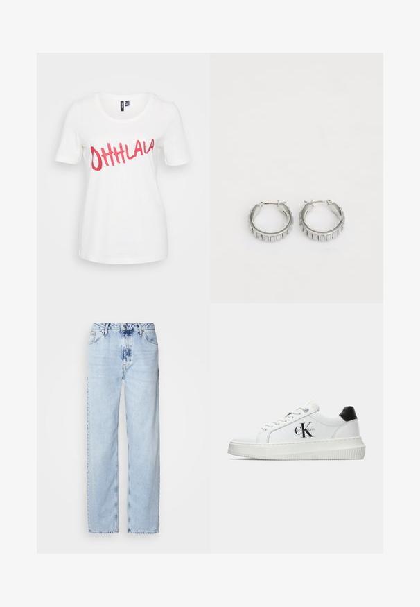 Balta medvilninė marškinėliai su trumpomis rankovėmis, puošti blizgučiais raudonais žodžiais "OHHLALA" ant priekio žaismingu kursyvu.; Šviesiai mėlynos plačios kelnės, pagamintos iš džinsinio audinio, su aukšta juosmens linija, išblukusiu plovimu ir subtiliu tinių dažymu priekyje.; Balti žemakulniai bateliai su juodu kulno dangteliu, platformos padu, raišteliais ir Calvin Klein "CK" logotipu šone.; Sidabrinės auskarų žiedai su tekstūruotu dizainu, turinčiu vertikalias briaunas. Apskritimo forma su saugiu užraktu. Lygi apdaila.